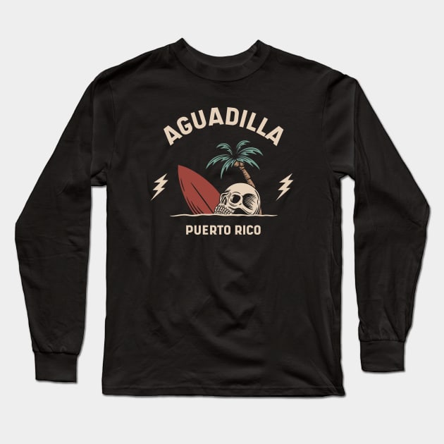 Vintage Surfing Aguadilla Puerto Rico // Retro Surf Skull Long Sleeve T-Shirt by Now Boarding